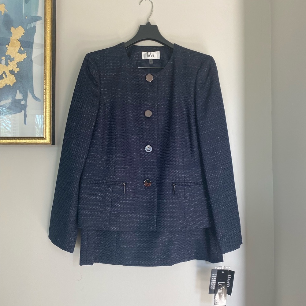 Le Suite Navy Blue/Metallic Skirt Suit
